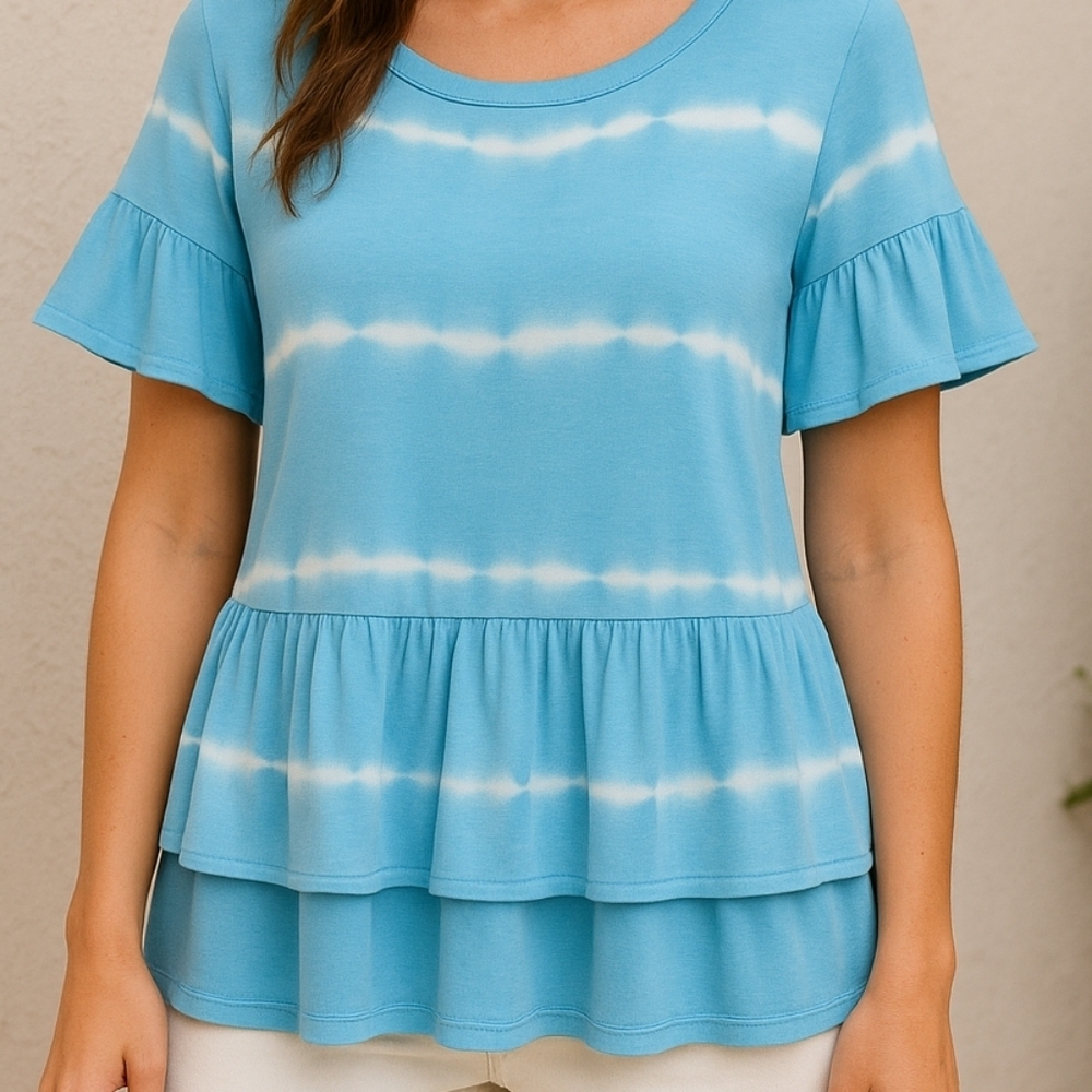 Simply Southern tie-dyed Blue Tie-Dye Peplum Ruffle Blouse | Size M